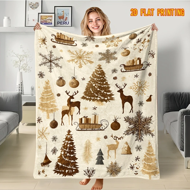 Vintage Christmas Throw Blanket, Brown Gold Tree Reindeer Sleigh Print Soft Fleece, Cozy Neutral Holiday Gift Couch Bed Sofa