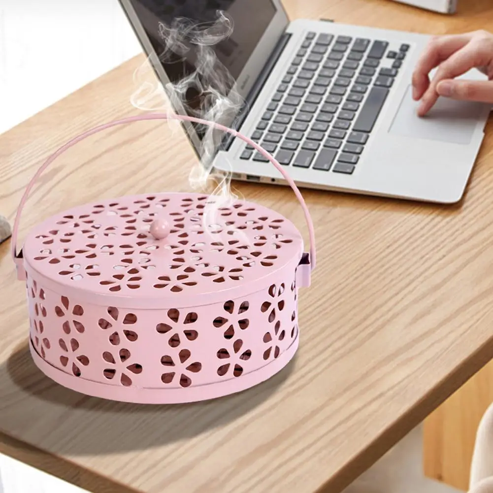 Portable flower hollow mosquito coil burner with cover and handle, mosquito repellent coil holder, suitable for home and camping