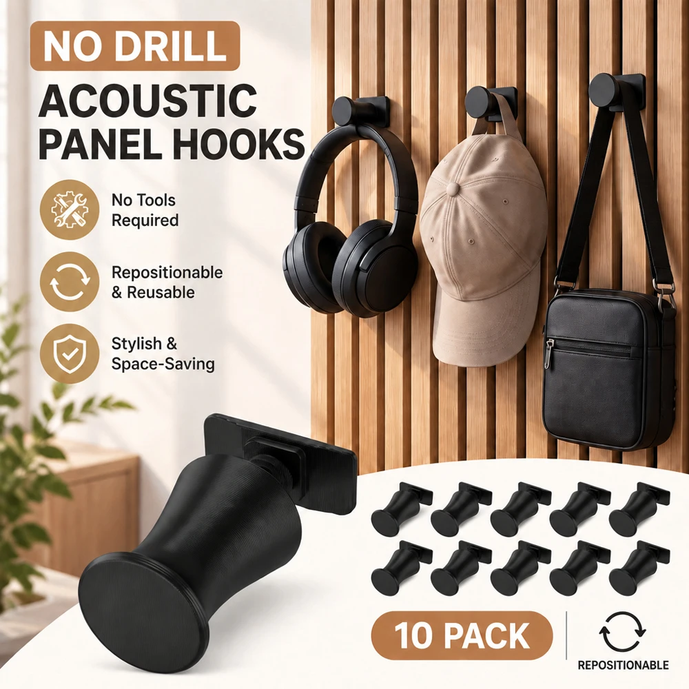 10 Pack Acoustic Wall Panel Hooks No Drill  Adjustable Fit Slat Wall Hooks For Coats Hats Bags Home Office Studio Black