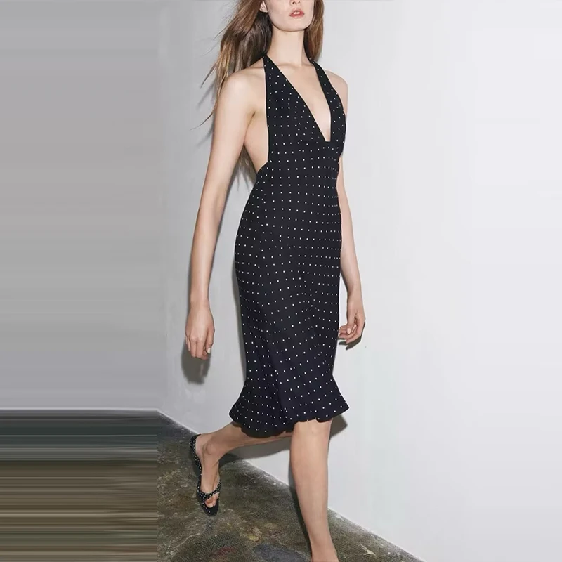 Summer 2025 Women's Faionable Polka Dot Hanging Ne Dr Ele Sle Z Brand Polyester Fiber 00% Svel