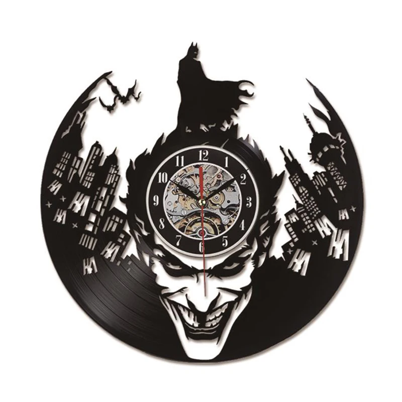 Vinyl Record Wall Clock Bat Joker Home Bar Decor Quartz Movemen Crafts Decor 7colors Light Wall Clocks Antique Home Decor