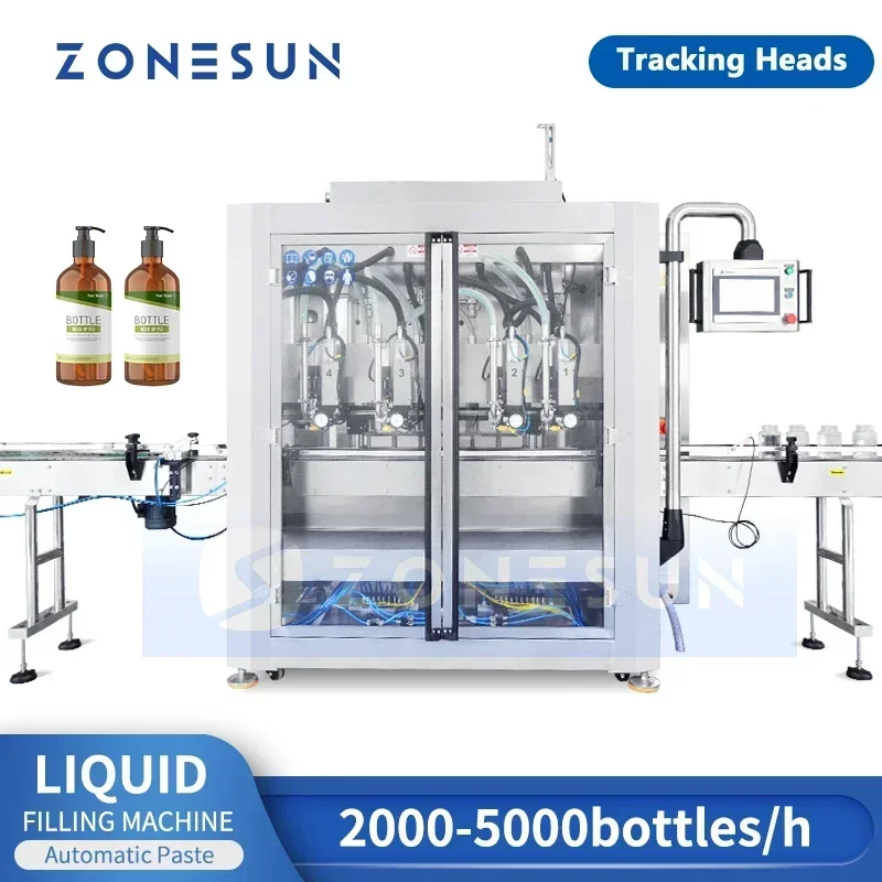 ZONESUN ZS-VTPF4 Riempitrice automatica a movimento continuo Servo Tracking Riempitrice per liquidi Attrezzatura per l'imballaggio di pasta ad alta velocità