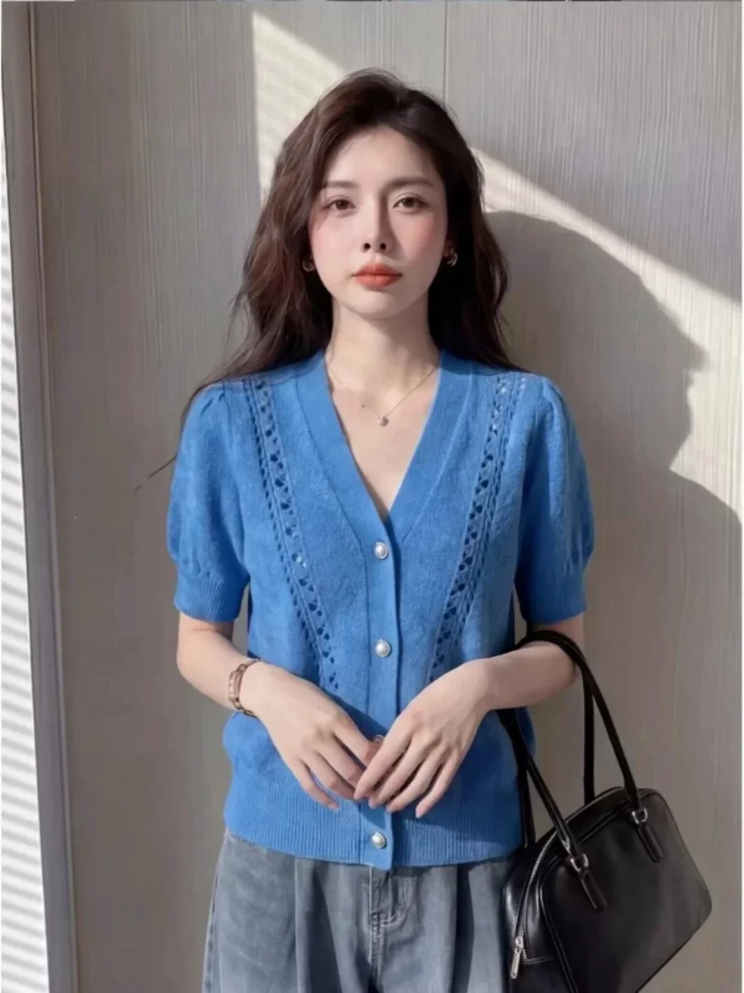 Klein Blue V-Neck Short Sleeve Knitted Open Cardigan Women's Summer Design Unique Beautiful Top Gentle Style Loose Fit T-Shirt