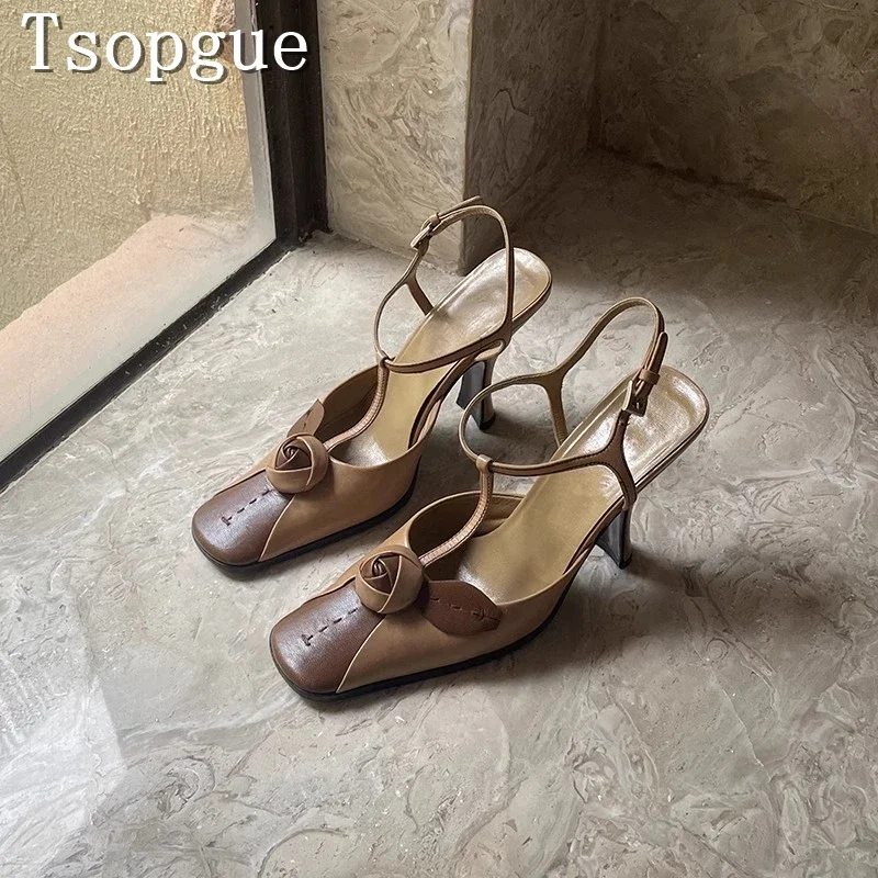 

Brown Rose Flower Decor Women Sandals Designer New Square Toe Ankles Buckle Strap High Heels Shoes Ladies Party Dress Shoes