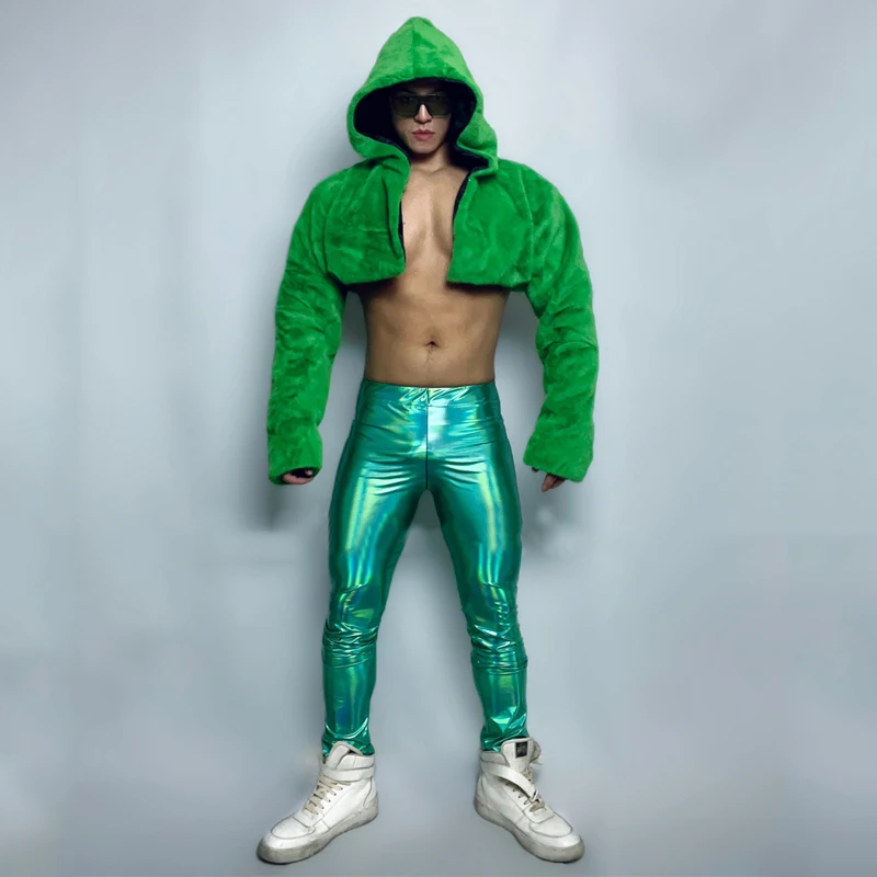 Men Green Fur Hoodie Coat Laser Pants Sexy Pole Dance Clothing Bar Nightclub Dj Ds Gogo Dancer Outfit Rave Costume XS5441