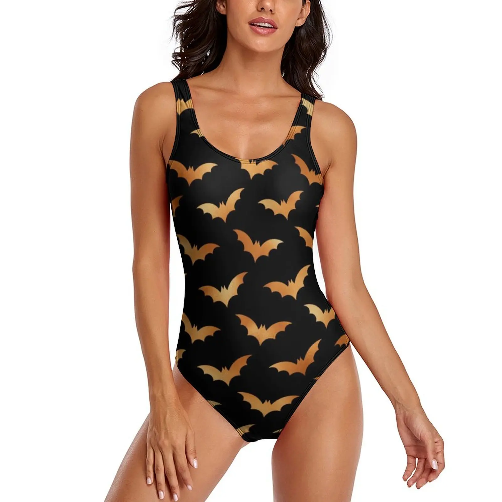 Halloween Spooky Swimsuit Sexy Orange Bat Print One Piece Swimwear Push Up Bodysuit Stylish Beach Bathing Suit