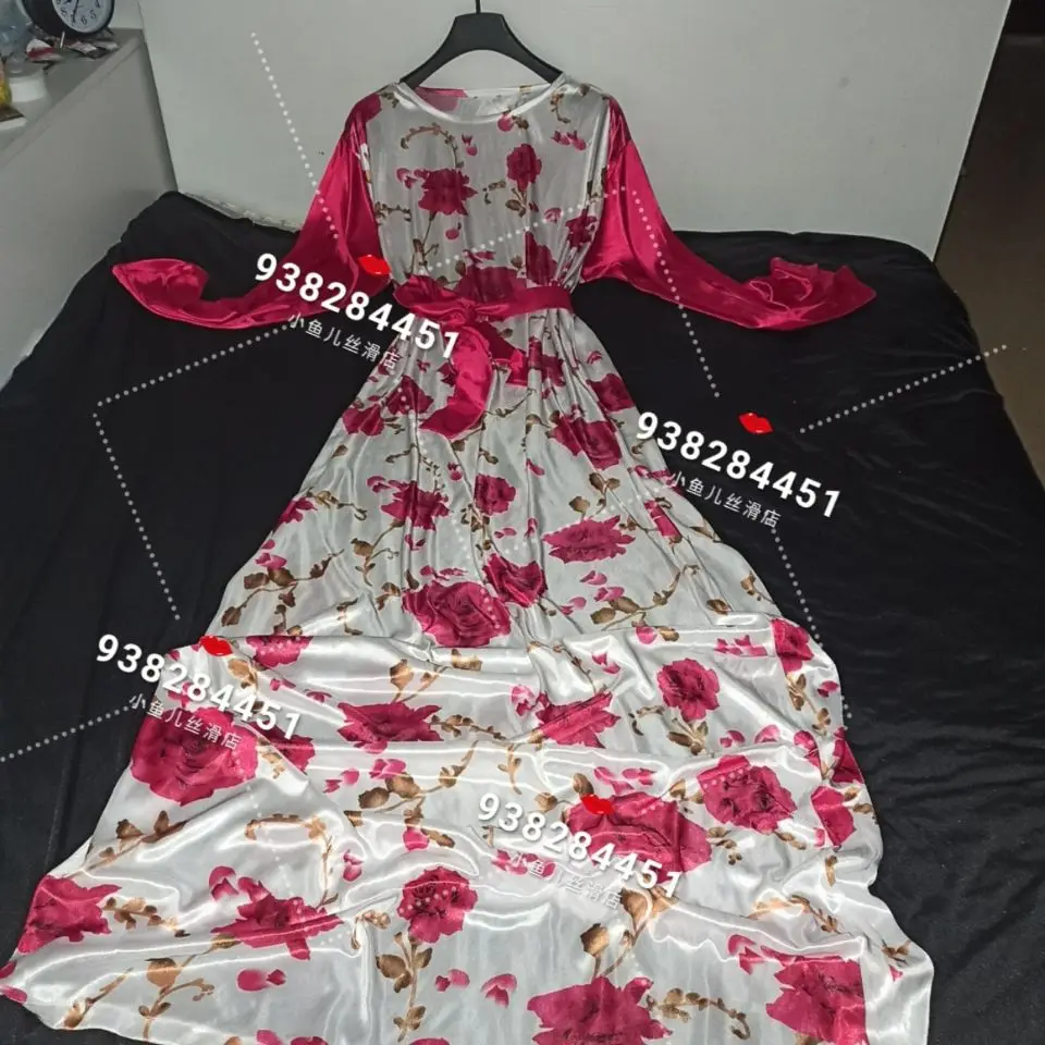 

Glossy Floral Print Women Satin Long Sleeve Dress Loose Lace Up Maxi Dress Plus Size Sleeping Robe
