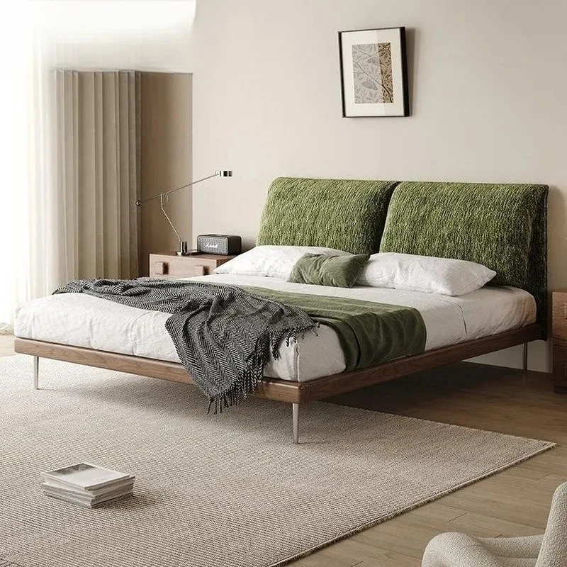 for Retro Solid Wood Elephant Ear Bed with Premium Chenille Soft Upholstery Flush Edge Double Bed for Master Bedroom Medium