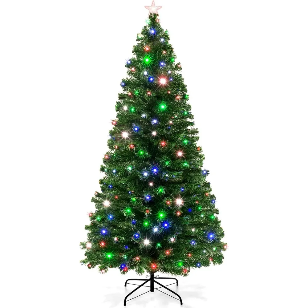 7ft Pre-Lit Fiber Optic Artificial Pine Christmas Tree, Holiday Décor Centerpiece w/ 280 Multicolored LED Lights