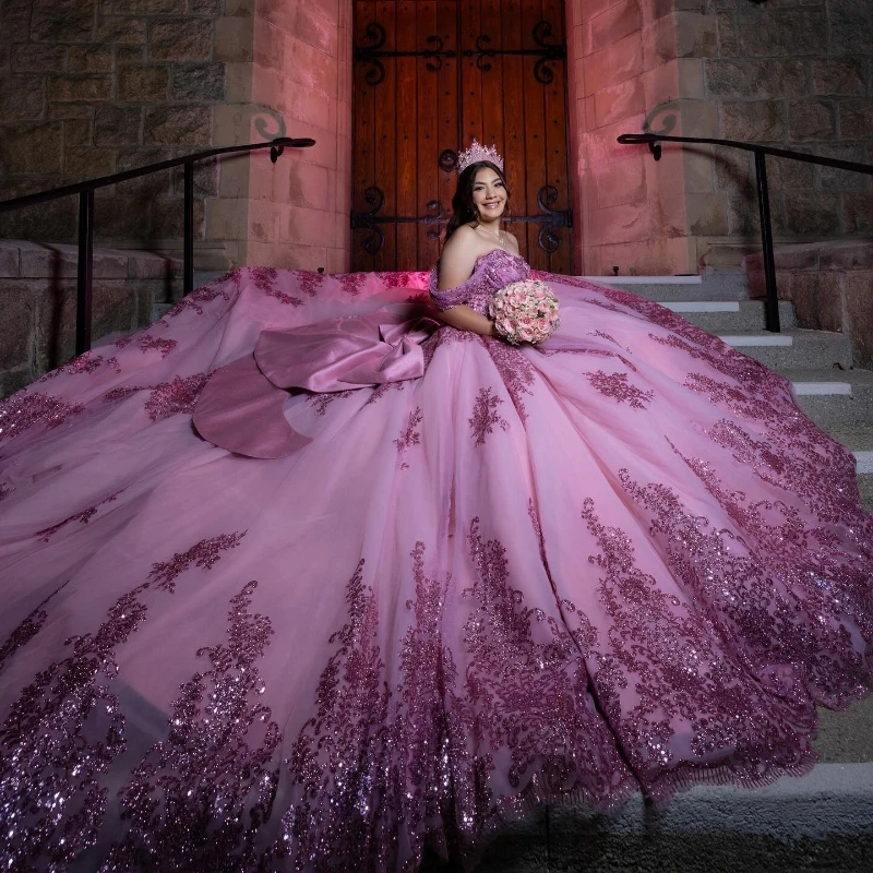 Pink Shiny Quinceanera Dress Off The Shoulder Mexican Vestidos De 15 Princess Sweet 16 Birthday Party XV Ball Gown Cinderella