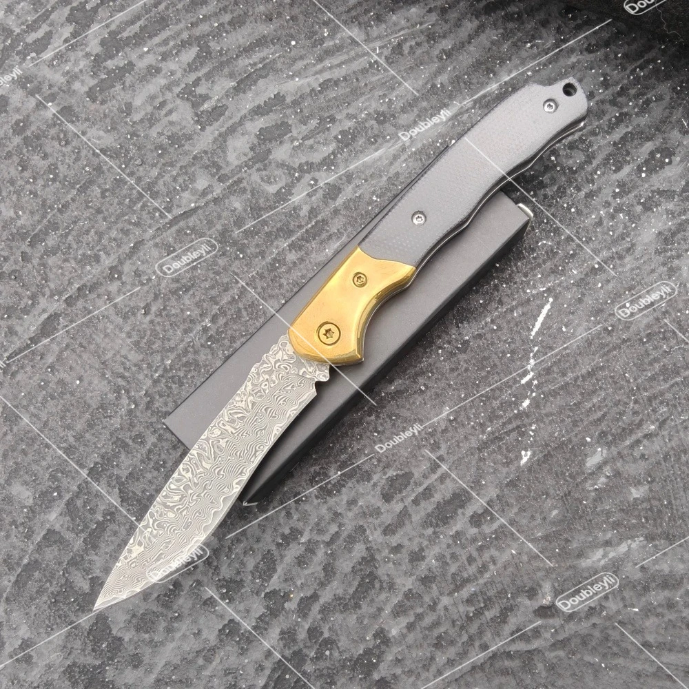 Lightweight Multi-functional Outdoor Adventure Pocket Knife Damascus Steel Folding Knife Micarta + Brass Handle EDC Utility Tool