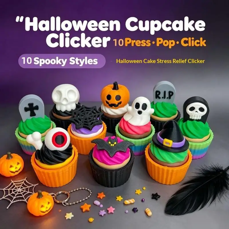 3D-gedruckter gruseliger süßer Cupcake-Clicker-Fidget-Halloween-Schlüsselanhänger, Fingerspitzen-Druck-Dekompressionsspielzeug für Halloween-Partygeschenke – Detail 5