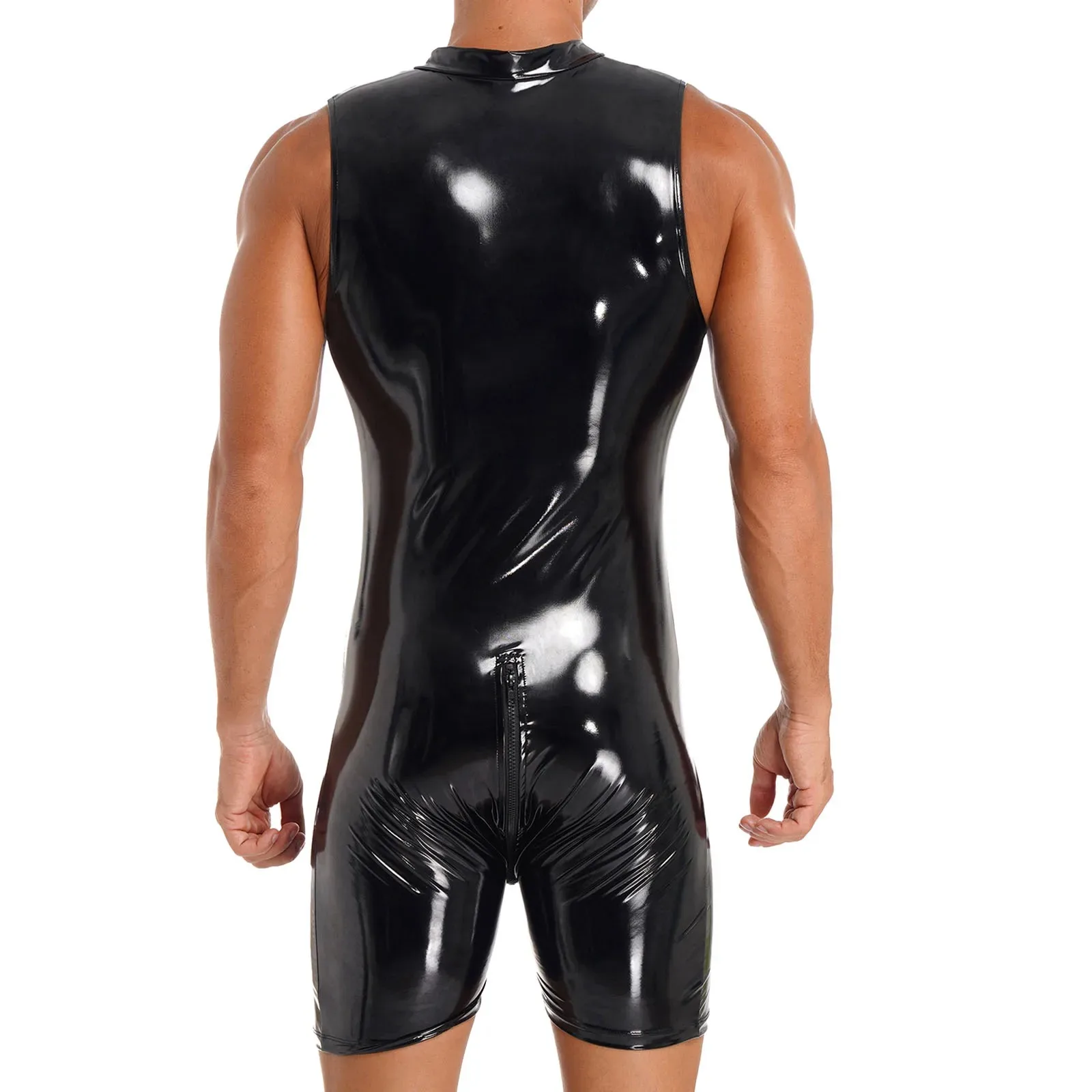 Mens Lingerie Wet Look Zipper Latex Bodysuit Sleeveless Patent Leather Leotard Bodycon Jumpsuits Club Pole Dancing Costume