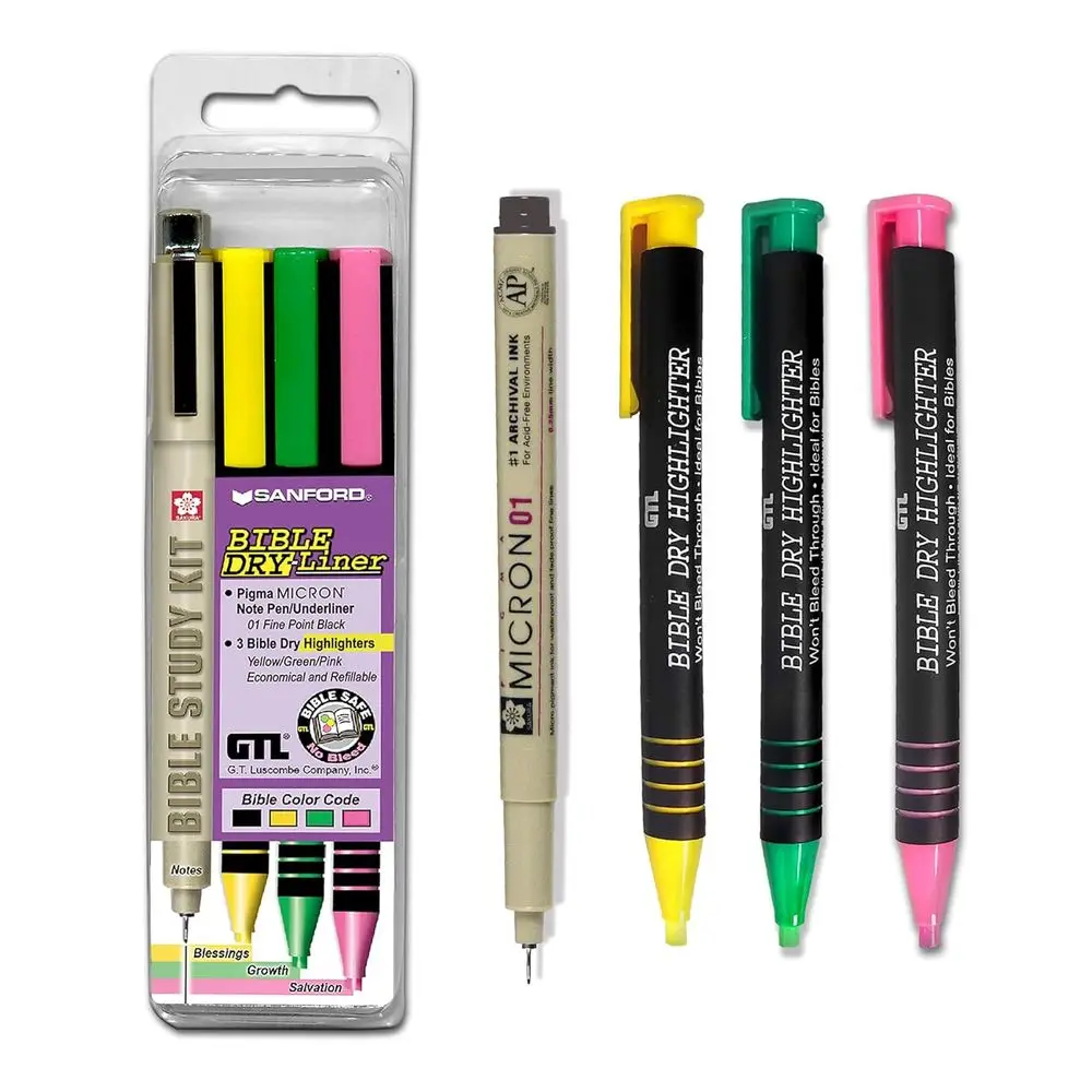 

Bible Dry-Liner Study Kit | Pigmented Ink Pens | No Smear, No Fade | Set of 4 Refillable Highlighters in Yellow, Green, Pink