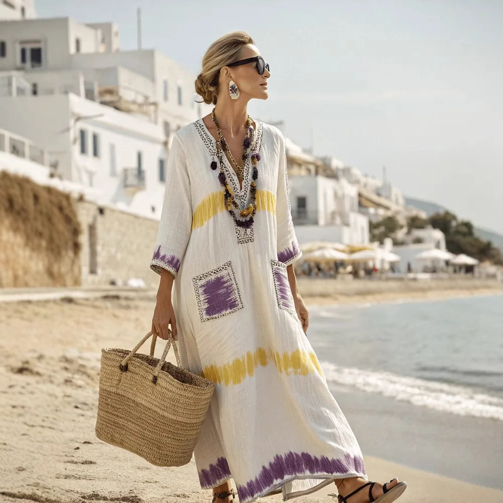 Zomer trendy losse lange mouw V-hals dames top katoenen T-shirt jong ogende veelzijdige shirtjurk casual eenvoudige jurk