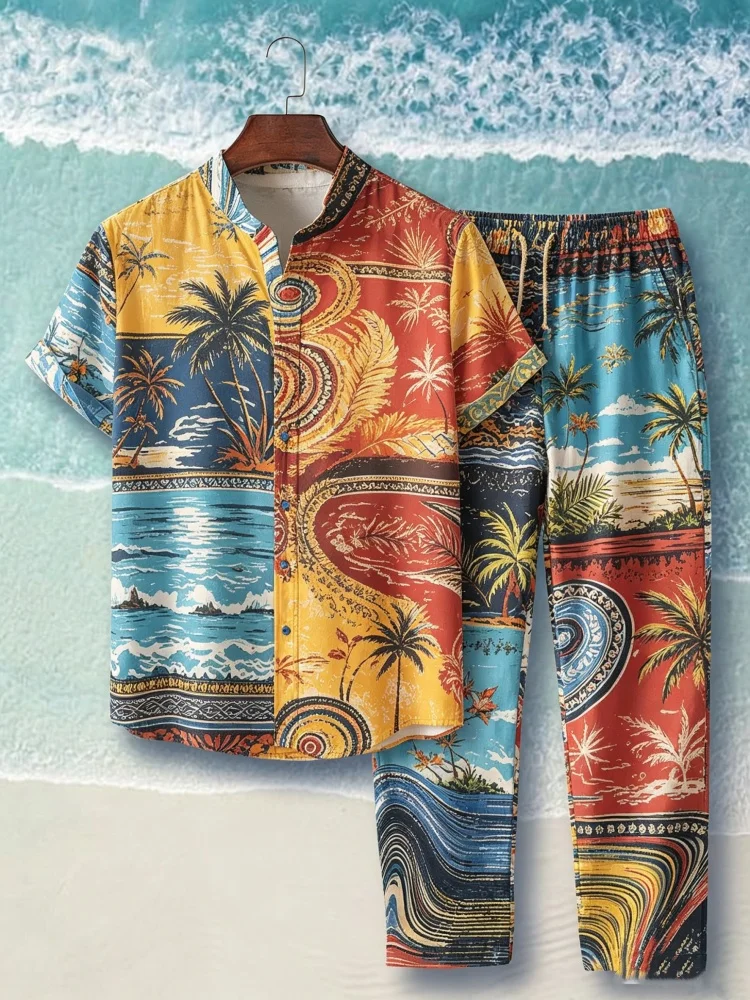 

Men Stand Collar Retro Hawaii Coconut Tree Ocean Scenery Patchwork Print Short Sleeve Shirt And Drawstring Long Pants Two Piece