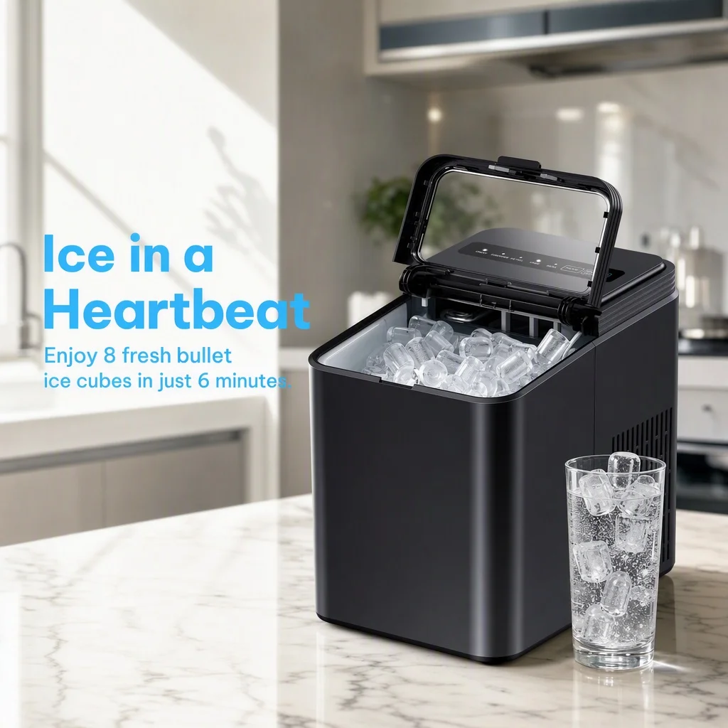 Ice Maker Countertop, 8 Ice Cubes in 6 Mins, 26.5 Lbs/24H, 2 Bullet Ice Sizes, Self-Cleaning Bullet Ice Maker, Portable Ice Machine for Kitchen, Party, Office, and RV Camping image 6