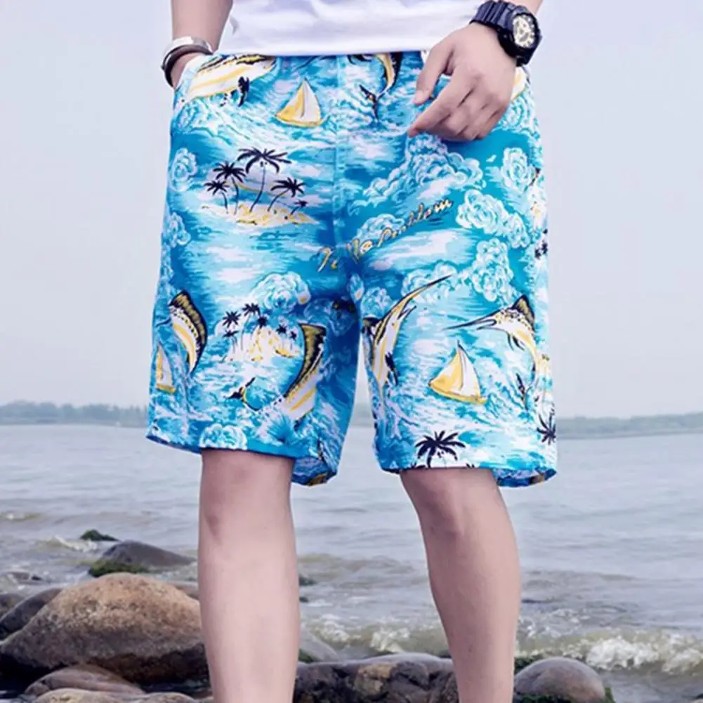 Elastic Waistband Beach Shorts Tropical Tree Printed Men's Summer Beach Shorts Quick Drying Wide Leg Seaside Pants for Casual