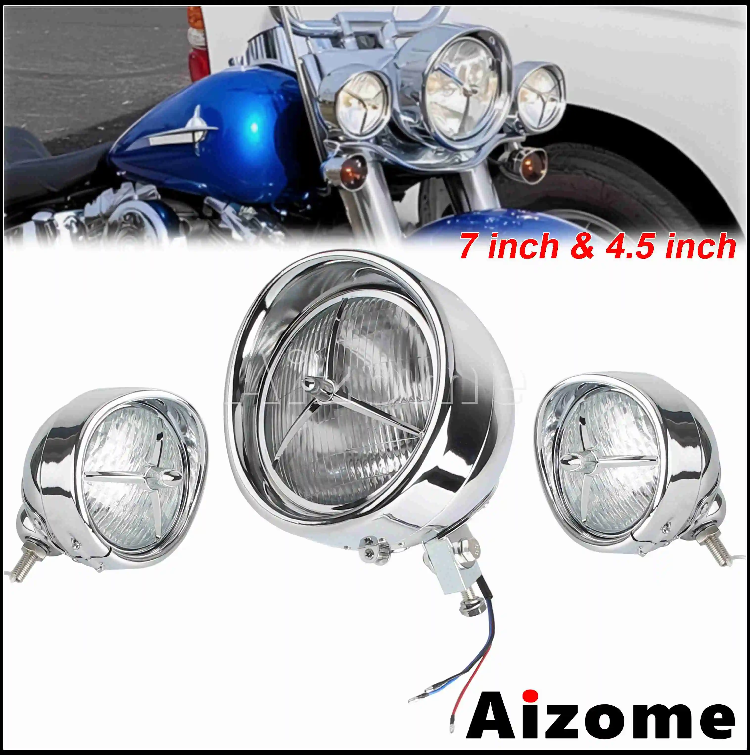 

7" Retro Front Headlight Motorcycle 4.5" Fog Lights Auxiliary Vintage Headlamp For Harley Road King Electra Street Glide Custom