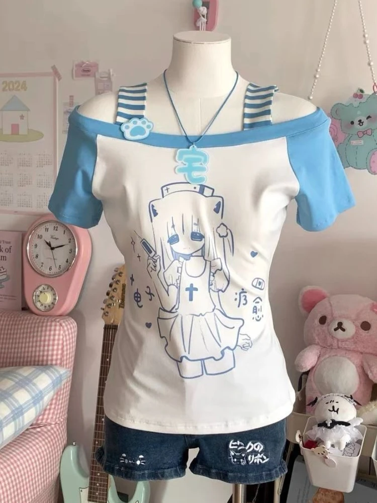 

HOUZHOU Y2k Kawaii White Juminocore Women T-Shirts Cutecore Short Sleeve Striped Off Shoulder Japanese Fashion Slim Tees Gyaru