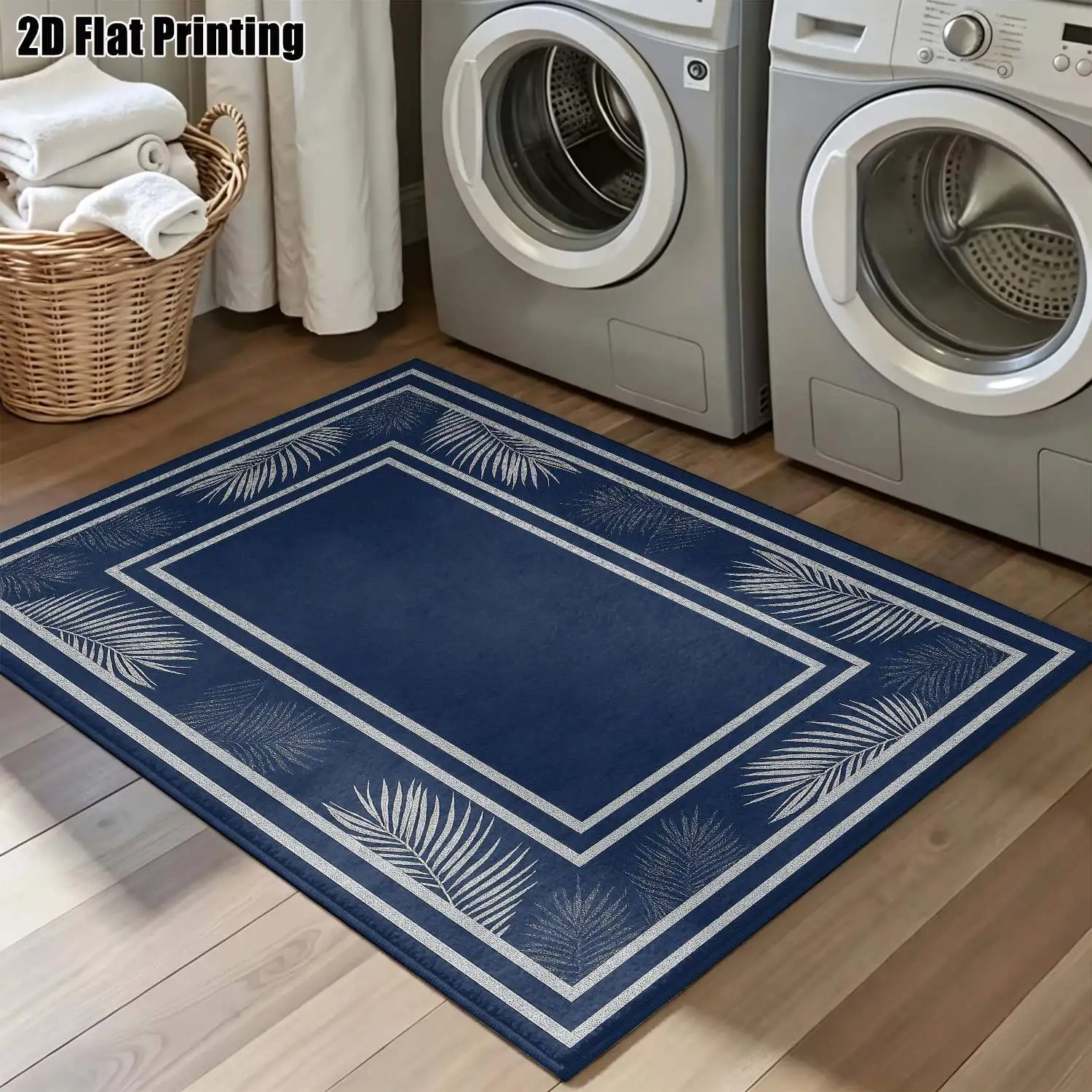 1Pc 2D Printed Carpet: Deep Blue White Palm Leaf Pattern, Nordic/Instagram/Modern Minimalist/European/Vintage Style, Home Decor, Multi-Size, Machine Washable, for Entrance, Dining Room, Foyer, Living Room, Bedroom