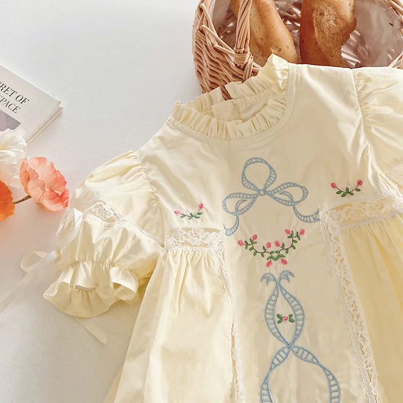 Bow Embroidery Lace Girls\' Dress Summer Stand Up Collar Temperament Short Sleeved Children\'s Princess Kids Dresses for Girls
