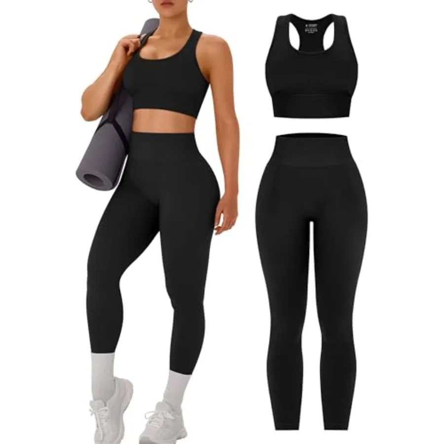 

OLCHEE Womens Workout Sets 2 Pcs - Acid Wash Seamless Yoga Outfits High Waist Leggings Padded Racerback Sports Bra Gym Set