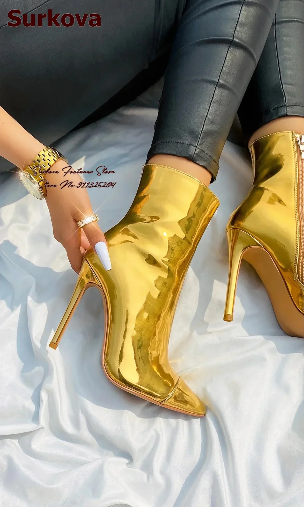 Surkova Metallic Green Pink Patent Leather Ankle Boots Hologram Iridescent Stiletto Heel Pointed Toe Short Booties Zipped Shoes