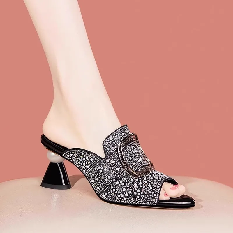 

2026 Summer Rhinestone Mules For Women Peep Toe Medium Block Heel Elegant Buckle Strap Dressy Slide Sandals