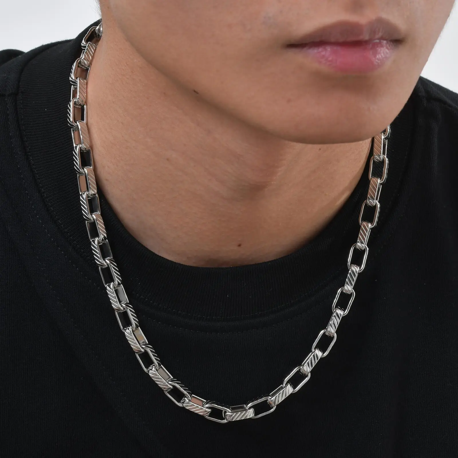 Chunky Embossed Chain Necklaces for Men Boys,Never Fade Stainless Steel Rectangle Chain Collar,Rock Punk Jewelry Gifts