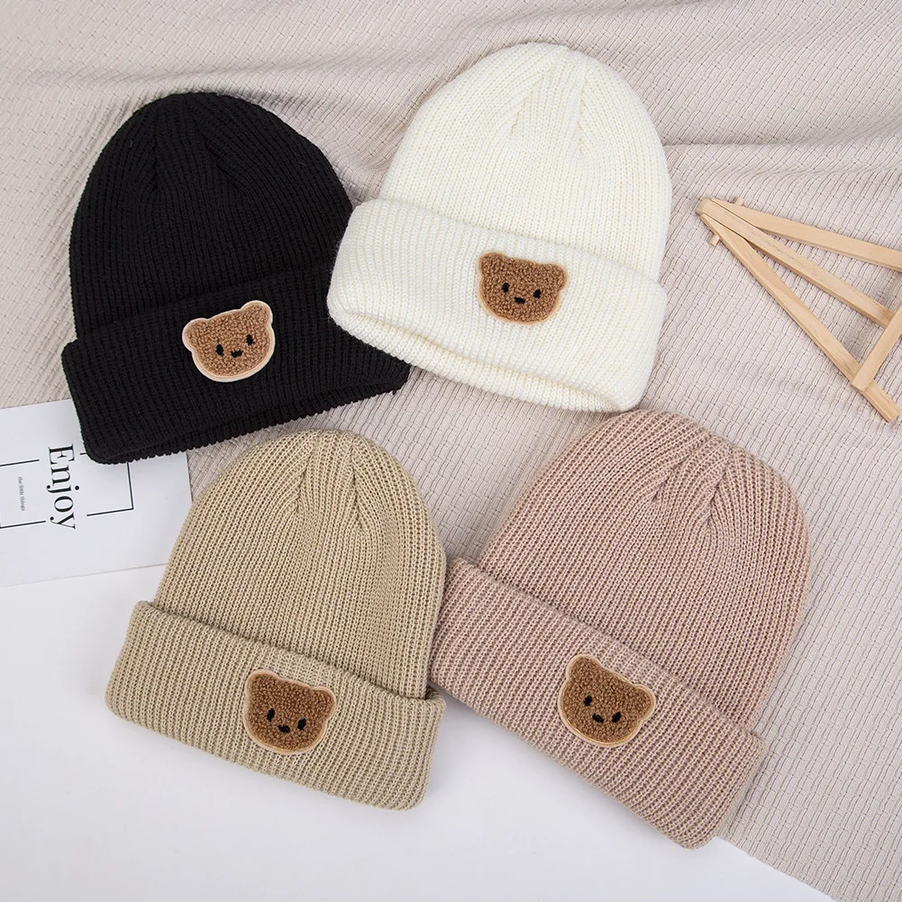 

Bear Kids Winter Hat Warm Knitted Children Beanie Hat for Girls Boys Solid Color Elastic Kids Bonnet Cap Child Hats 3-10Y