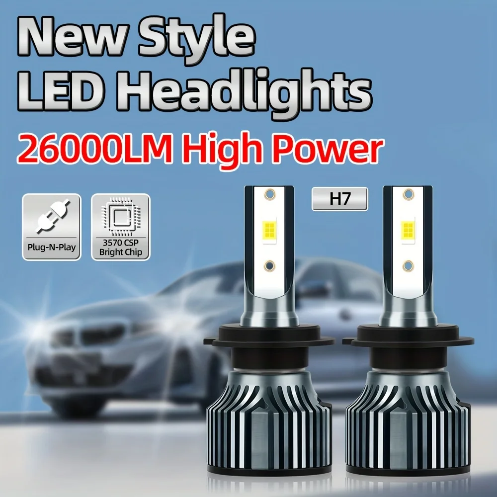 2pcs Super Bright H7 Bulbs Plug-N-Play Ultra-white 6000K 26000LM, High Power, 3570 CSP Bright Chip, Canbus, 80000hrs Lifespan