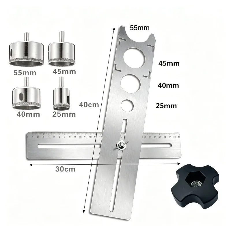 Adjustable Stainless Steel Tile Hole Locator Drilling Punching Tool with 4 Drill Bits for Ceramic Marble Tile Black Cap Nut Included