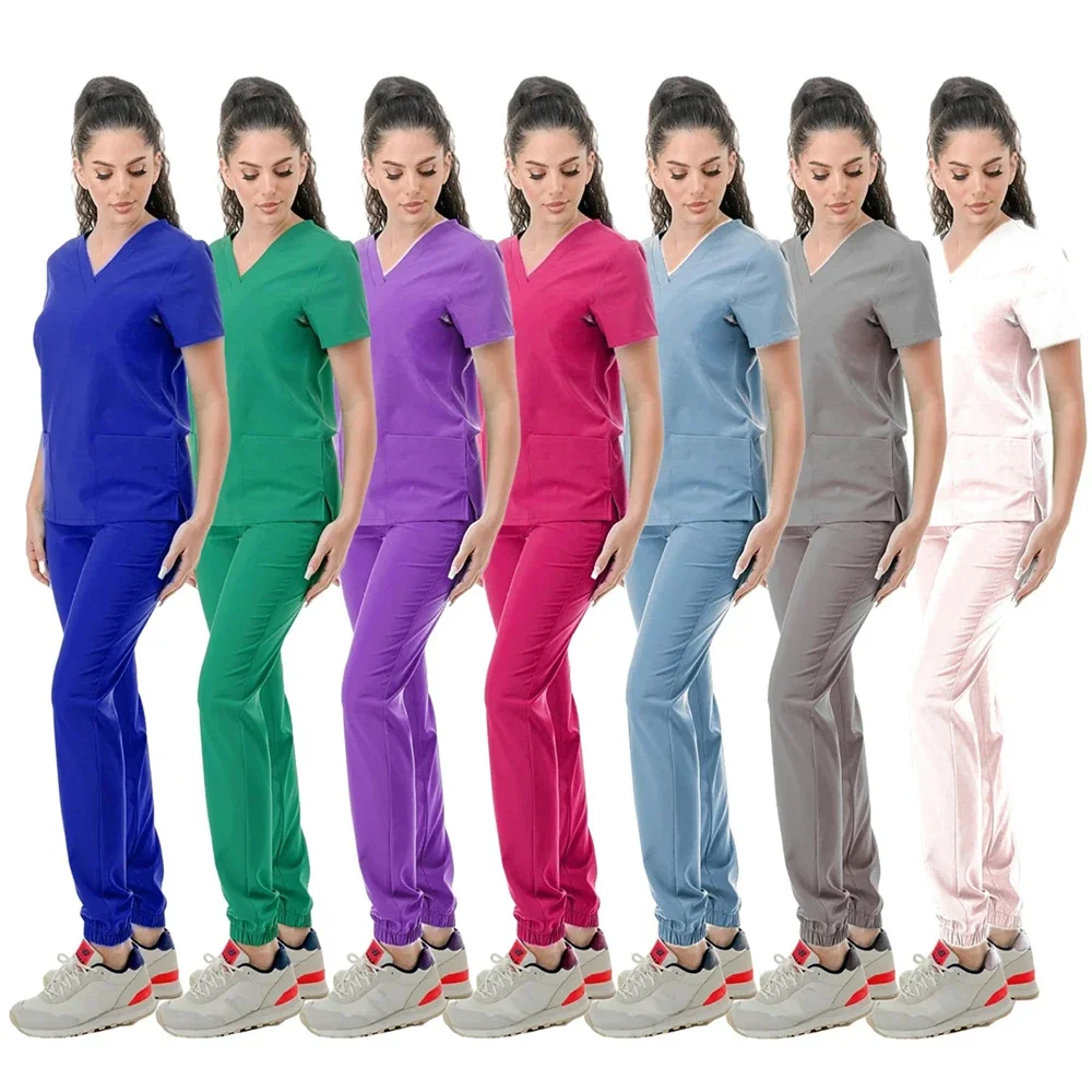 Women Scrub Set Two-Piece V-Neck Short Sleeve Top Elastic Pants Durable Easy-Care Medical Uniforms for Healthcare Professionals