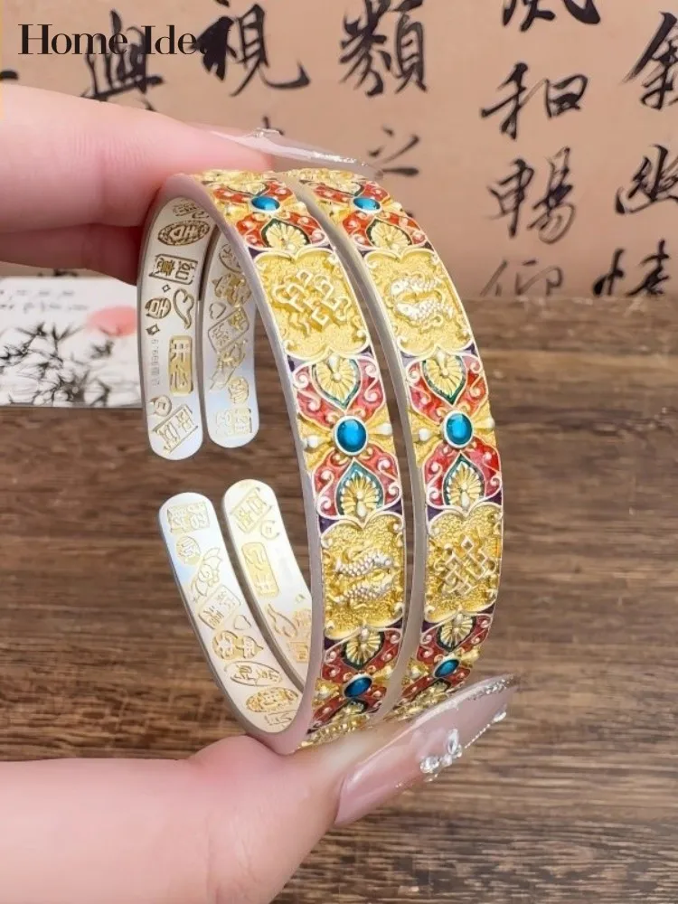 Women Chinese Style Vintage Luxury Enamel Pure Silver Bracelet Handmade Engrave Sterling Silver Cuff Bracelets Fine Jewelry Gift