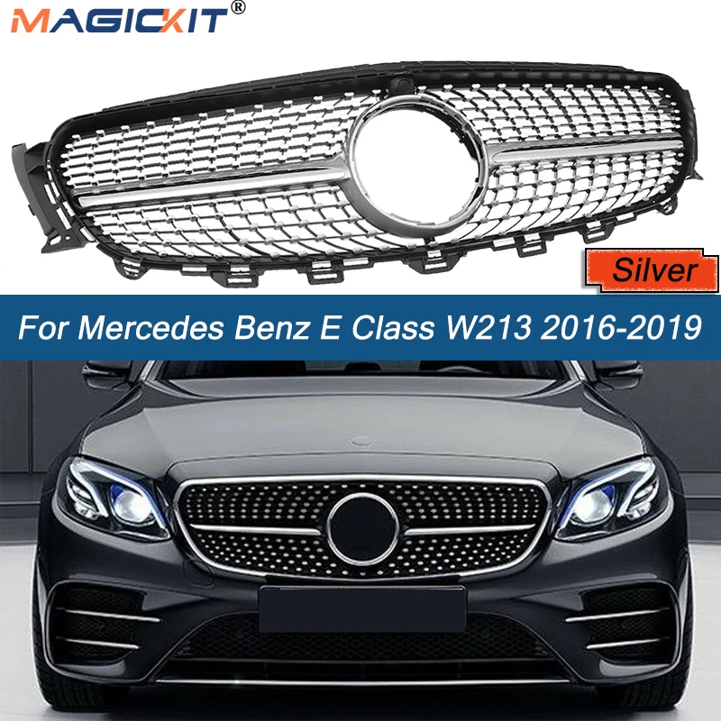 MagicKit Silver Chrome Diamond Bumper Grille For Mercedes Benz W213 E200 E300 E400 2016-2019 Middle Grill Part WIithout Logo