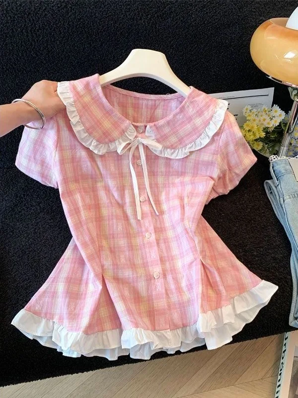 

Sweet Style Pink Plaid Shirt Women's Summer Short Sleeve Waist Cinched Slimming Floral Top Doll Collar Loose Fit Casual ...