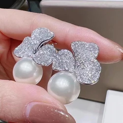 Huitan Graceful Imitation Pearl Drop Earrings for Women Trendy Luxury Shiny Zirconia Accessories Aesthetic Jewelry for Wedding