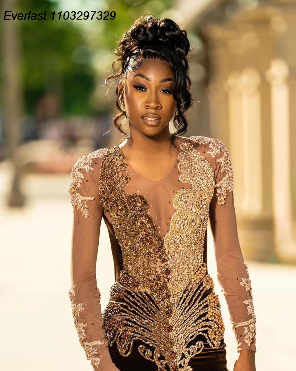 EVLAST Customized Brown Velvet Long Sleeve Prom Dress For Black Girls Lace Rhinestone Beaded Party Birthday Gala Gown TPD149