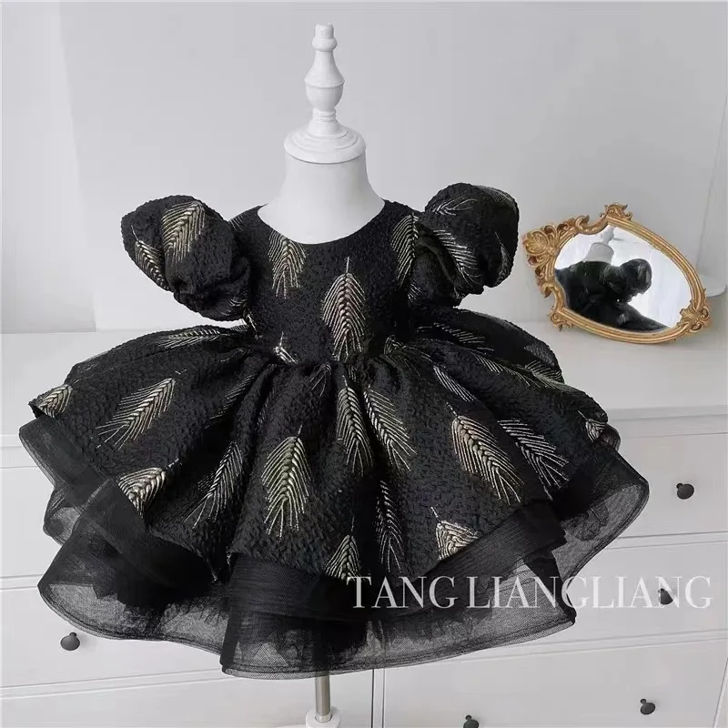 

Girls' Princess Dress Korean Baby Black Puff Sleeve Backless Irregular Skirt Children Spring