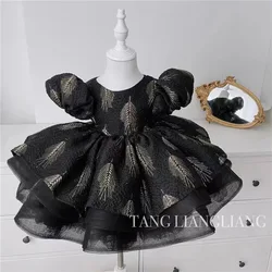 Girls' Princess Dress Korean Baby Black Puff Sleeve Backless Irregular Skirt Children Spring