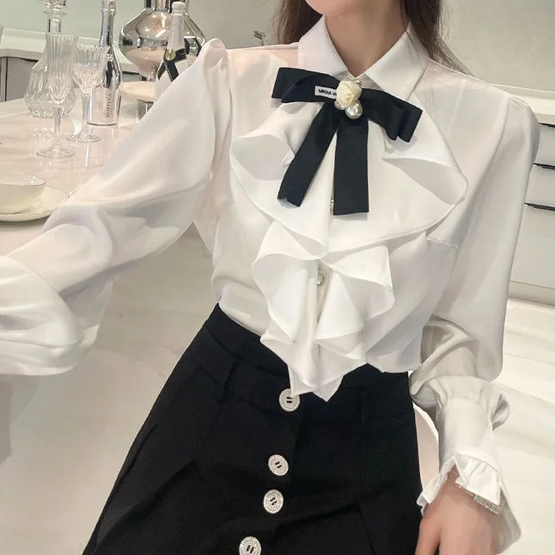 Temperament White Ruffles Patchwork Blouse Spring Long Sleeve Polo Neck Solid Office Shirt Tops Elegant Fashion Women Clothing