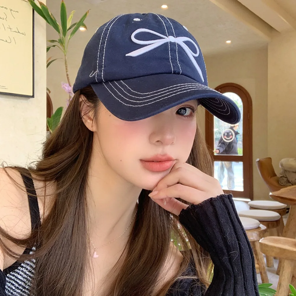 Bow Embroidery Baseball Caps Casual Show Face Small Washed Cotton Sun Hat Adjustable Visor Cap