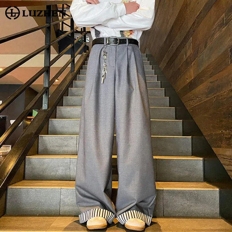 LUZHEN Leg 2026 Original New Stripe Printed Splicing Wide Trouser Men's Fashion Handsome Elegant Straight Casual Pants JY8994