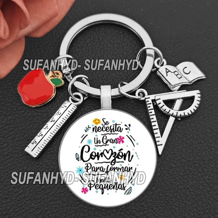 2024 New Thank You Teacher in Spanish Keychain Pendant Glass Crystal Pendant Key Ring Car Keychain for Teacher Teache