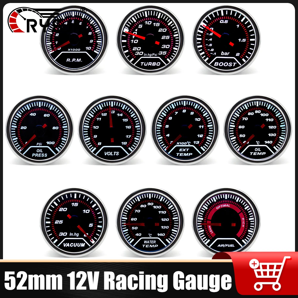 Manômetro Analógico LED de 52mm para Turbo Boost/Temperatura da Água/Temperatura do Óleo/Pressão do Óleo/Voltímetro/RPM/Relação Ar/Combustível/EGT / Suportes para Manômetros de 52MM (opcional)