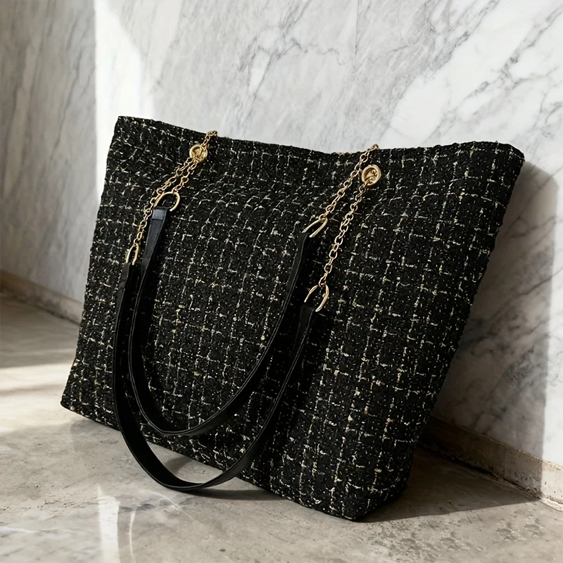 Elegante Damen-Vintage-Tweed-Tragetasche mit Karomuster, elegante Schultertasche mit großem Fassungsvermögen und goldenem Kettenakzent – Detail 5