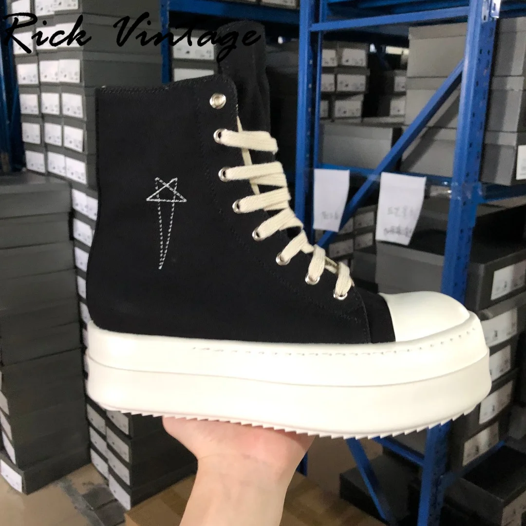 Rick Vintage Black Sneakers WomenThick Sole Canvas Platform Boots Lace Up High-Top Increasing Height Zip Ankle Boots Female