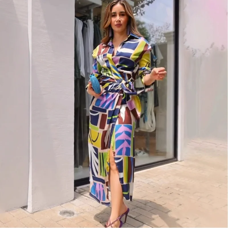 

20252025Popular European and American Autumn New Personalized PrintingVWord Collar Belt Long Sleeve Slim Long Dress