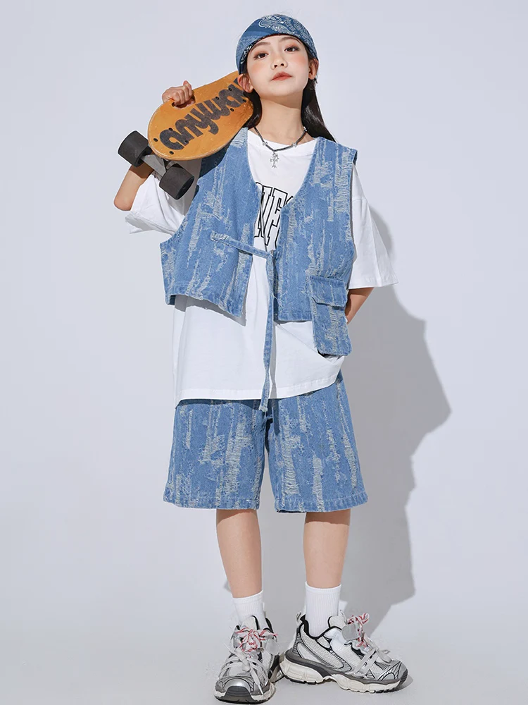 Boys Street Dance Clothes Hip Hop Suit Denim Vest Shorts Summer T Shirt Kids Drum Jazz Performance Wear Girls Clothes BL12595